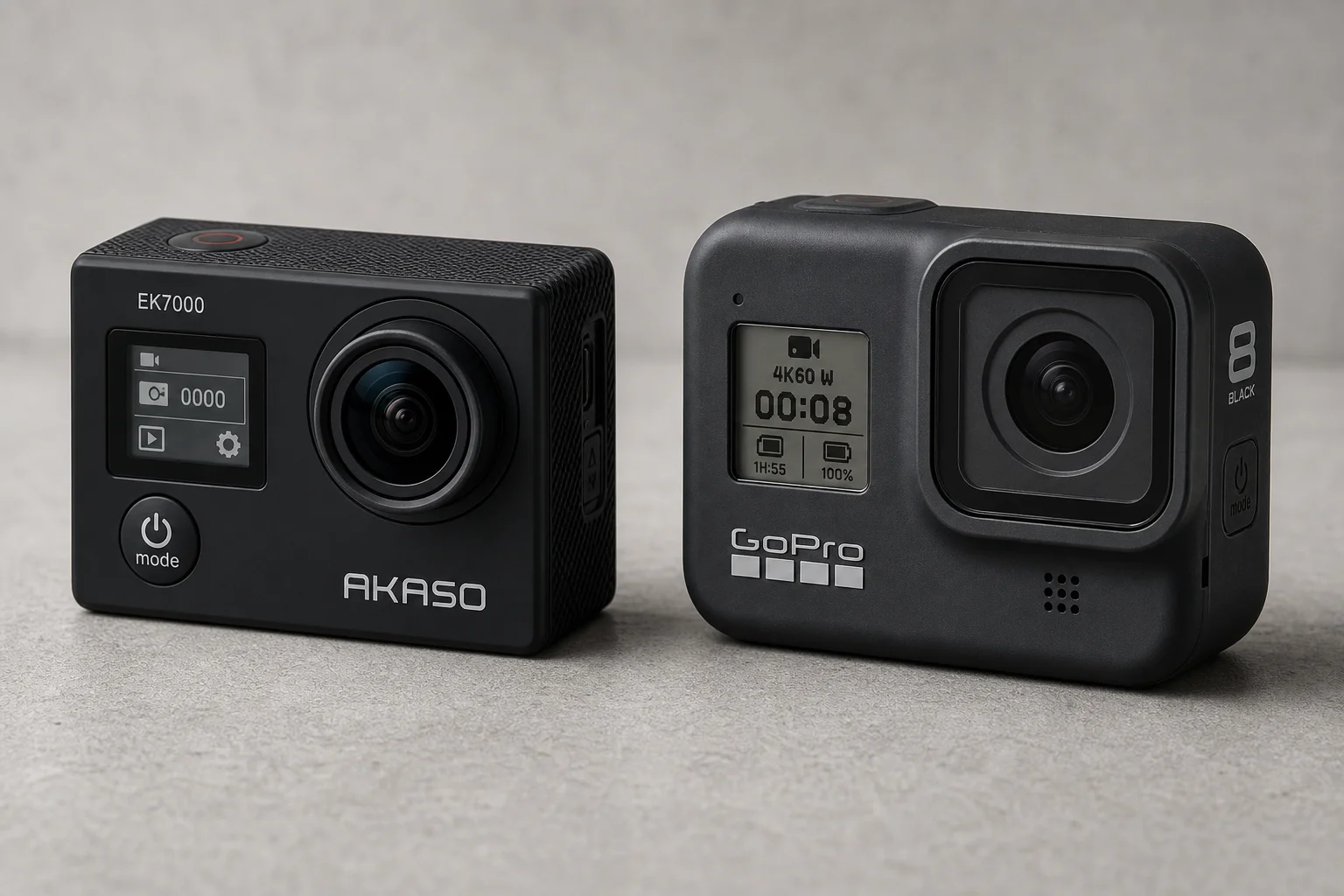 Akaso EK7000 and GoPro Hero 8 Black action cameras on concrete surface