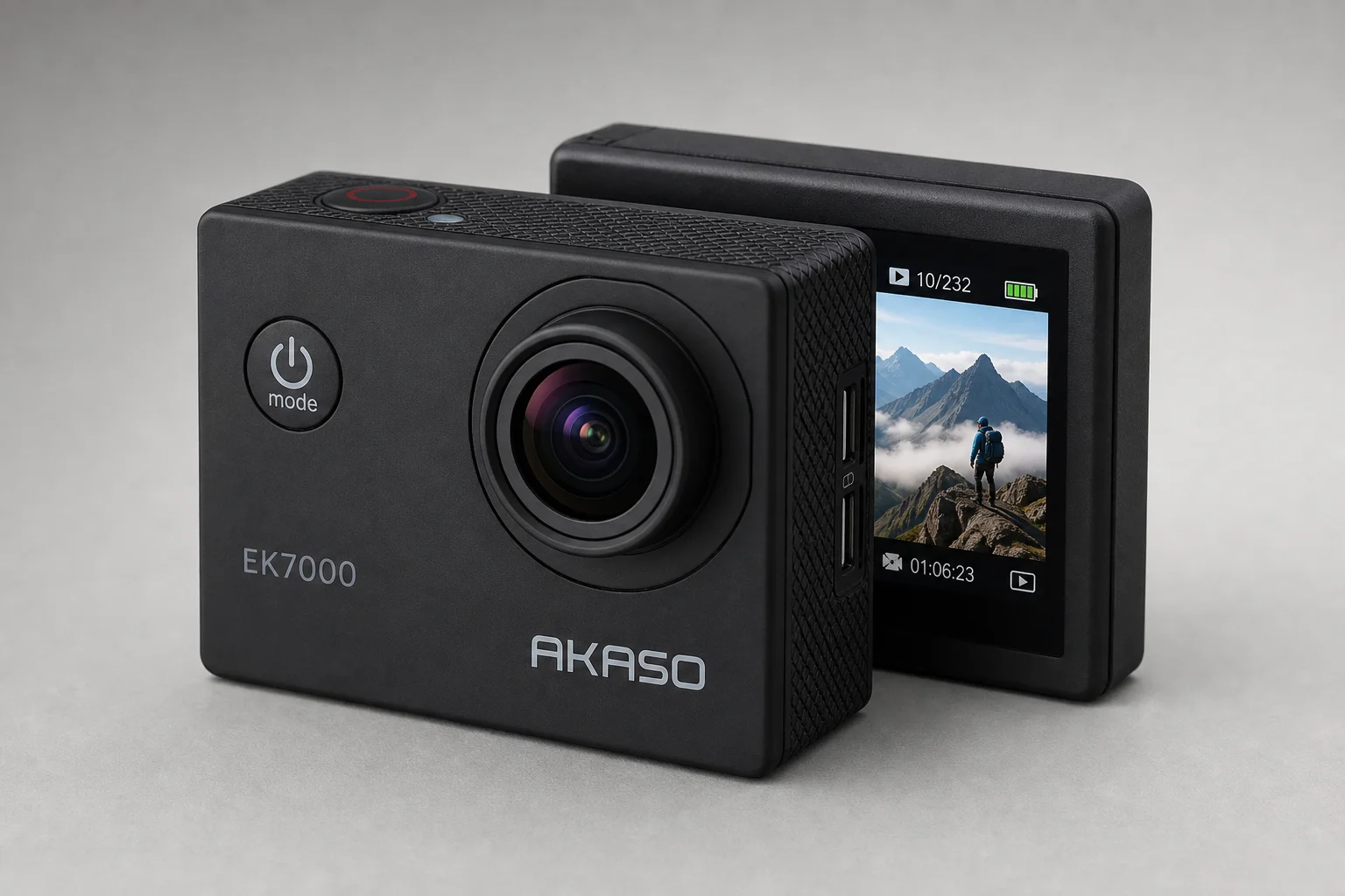 Akaso EK7000 and GoPro Hero 8 Black action cameras on concrete surface