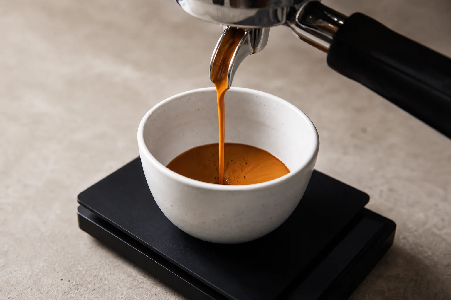 Espresso shot pouring into a white cup on a digital scale