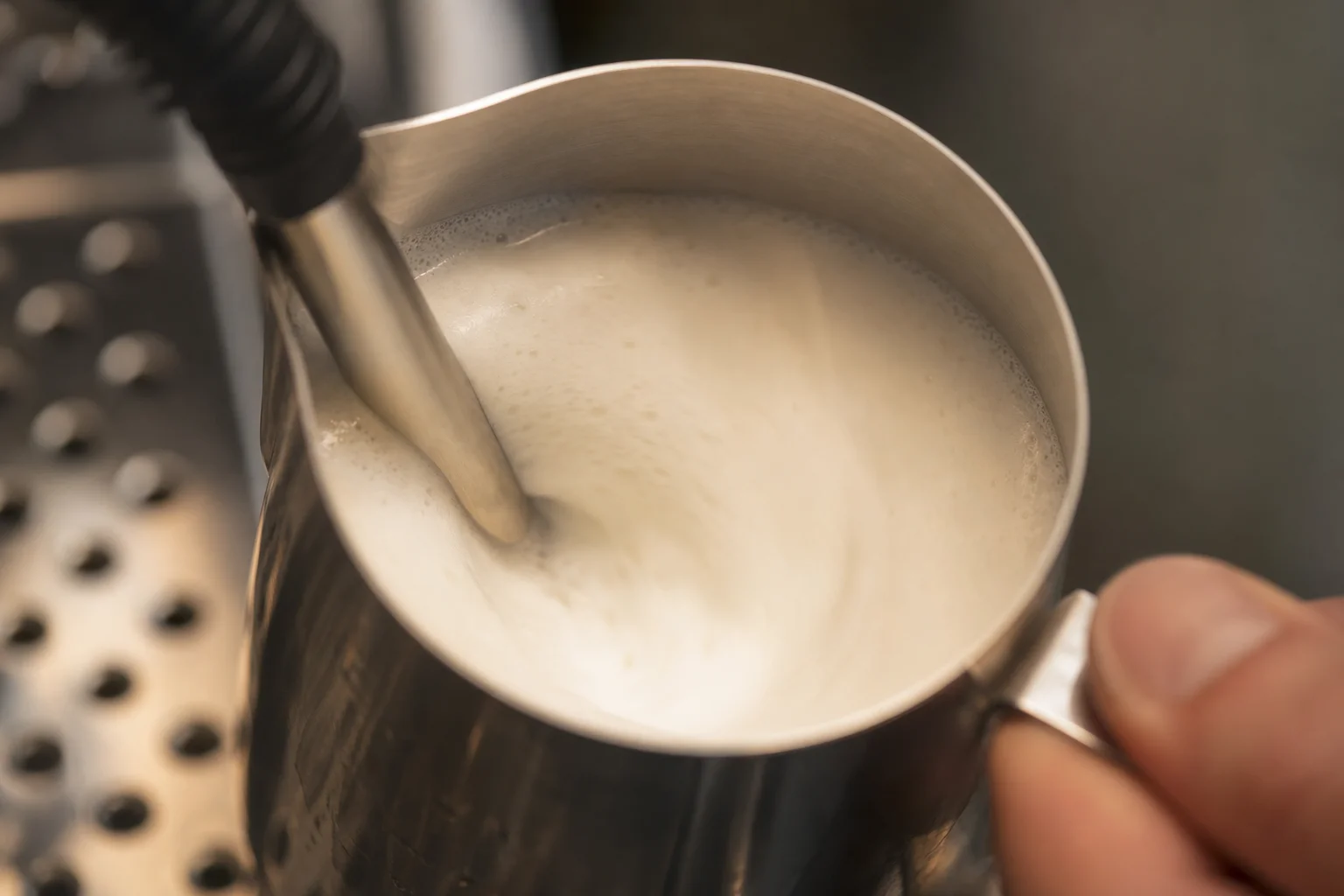 Steam wand frothing milk in a metal pitcher with microfoam texture