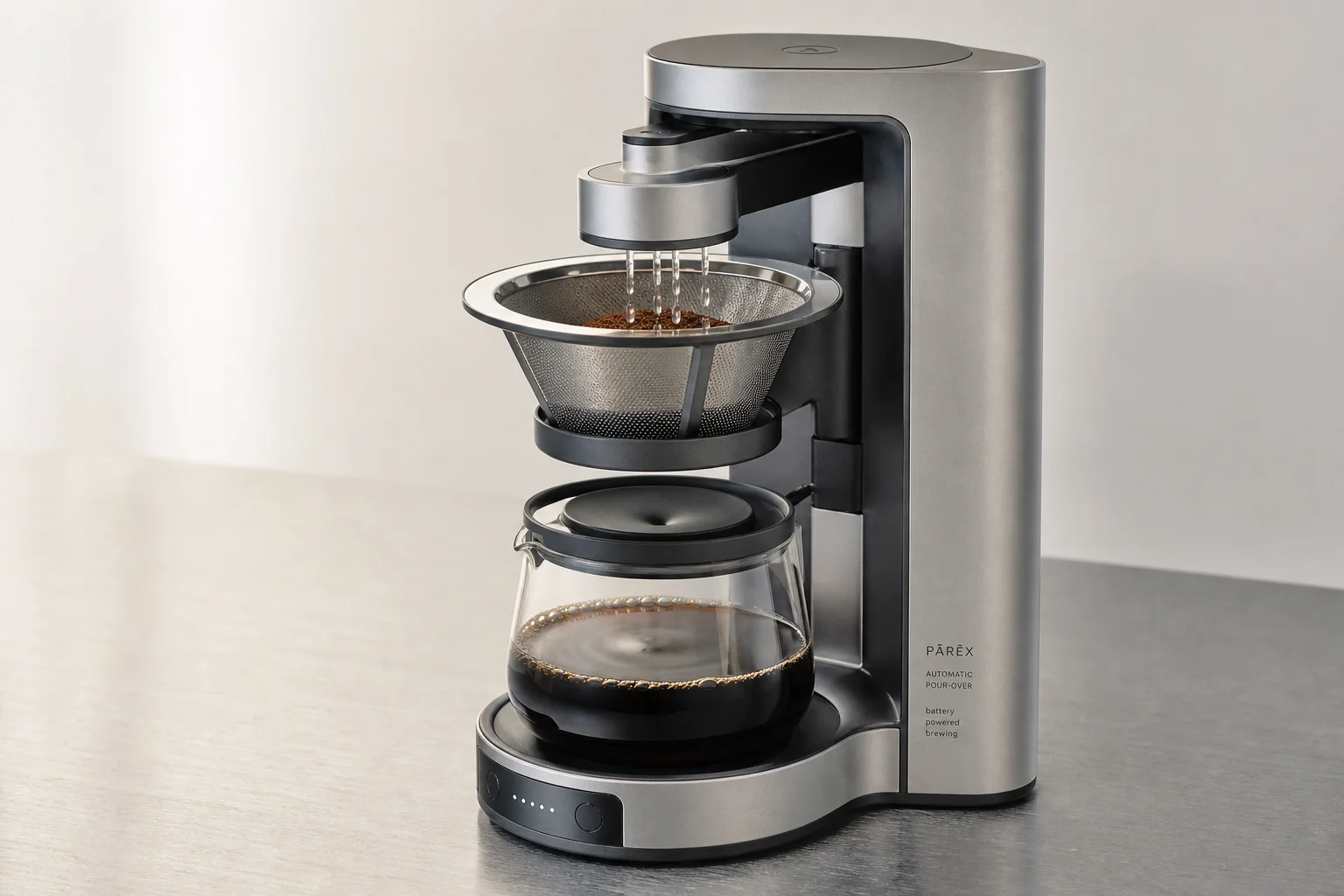 Collection of five coffee brewing and roasting devices arranged on concrete surface