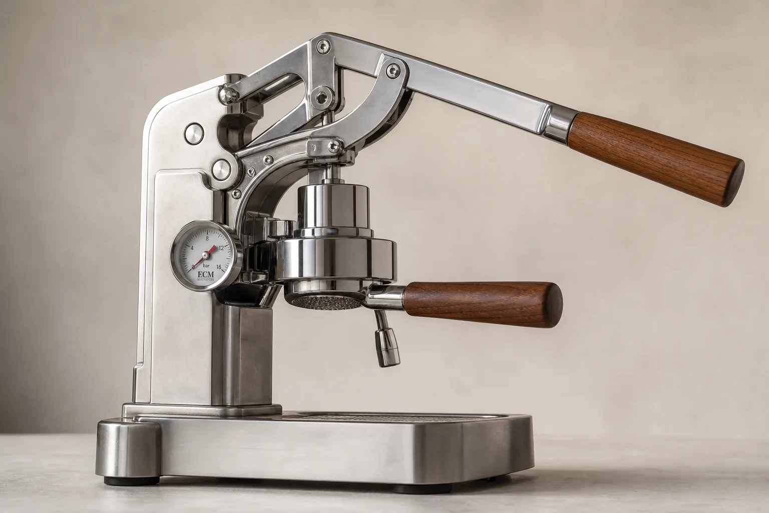 Collection of five coffee brewing and roasting devices arranged on concrete surface
