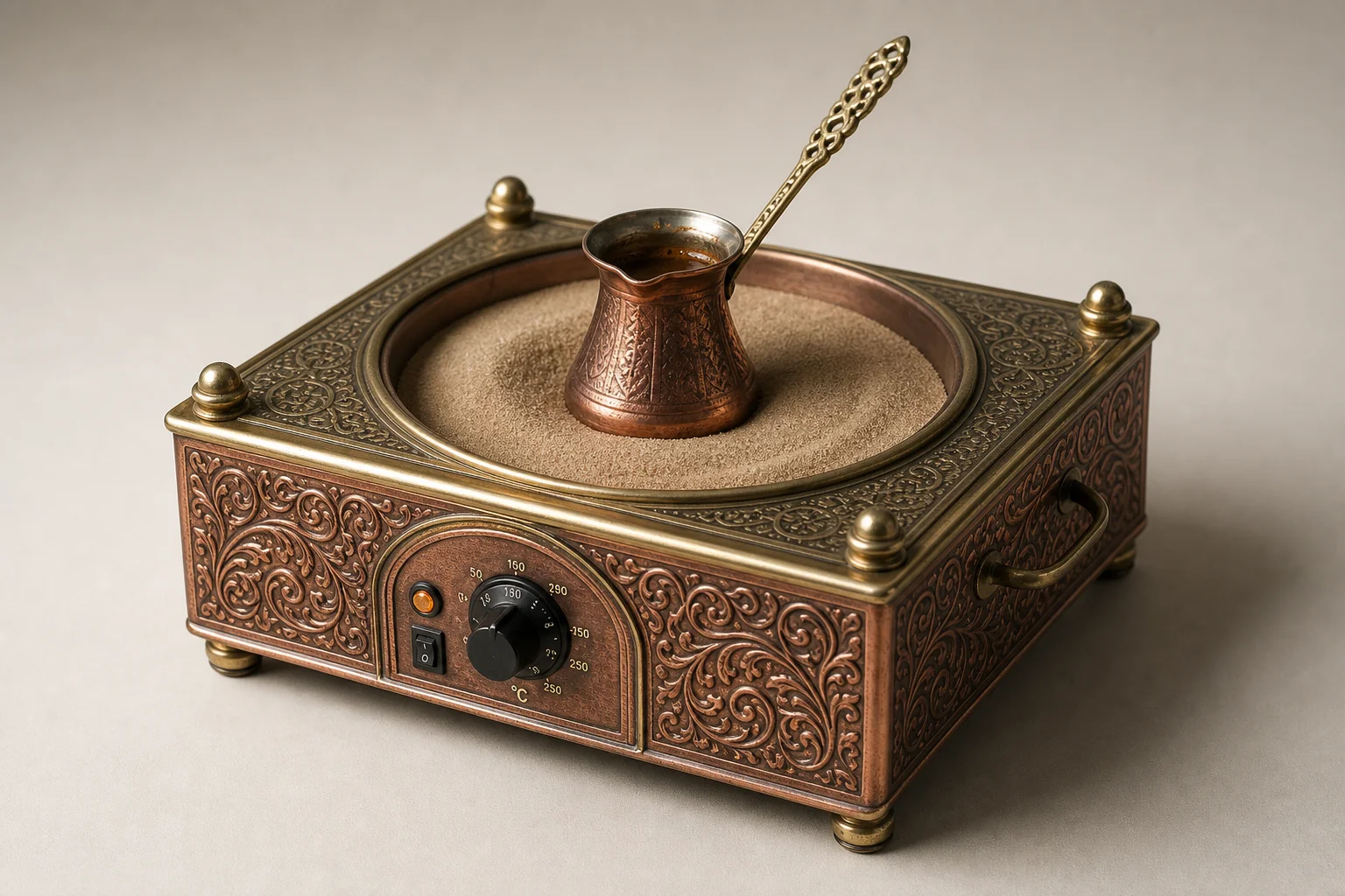 Collection of five coffee brewing and roasting devices arranged on concrete surface