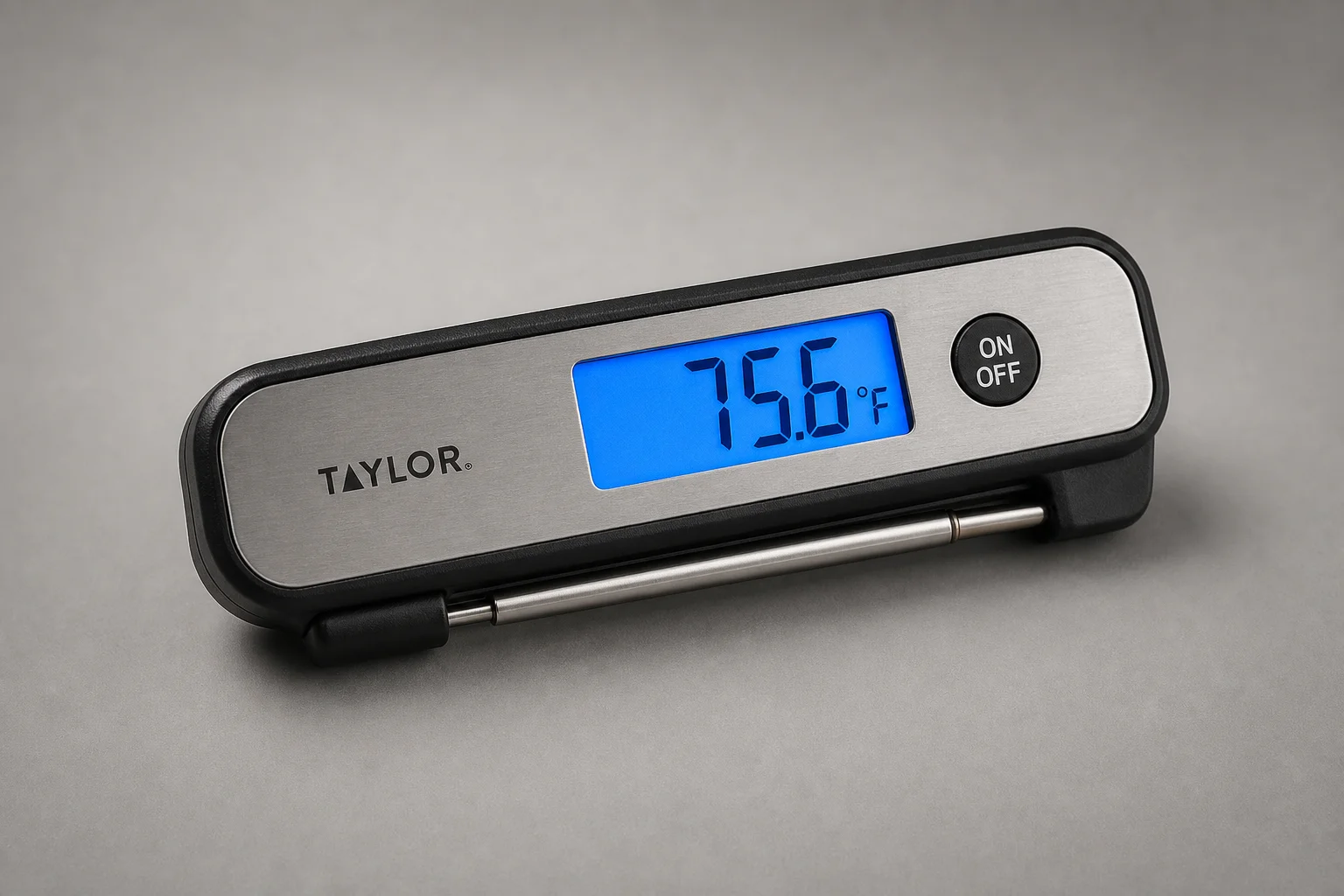 Five instant read thermometers arranged on neutral backdrop