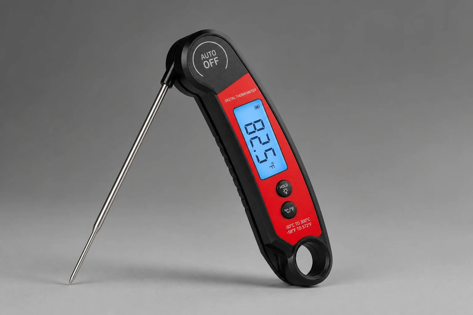 Five meat thermometers arranged diagonally from budget to premium models on concrete