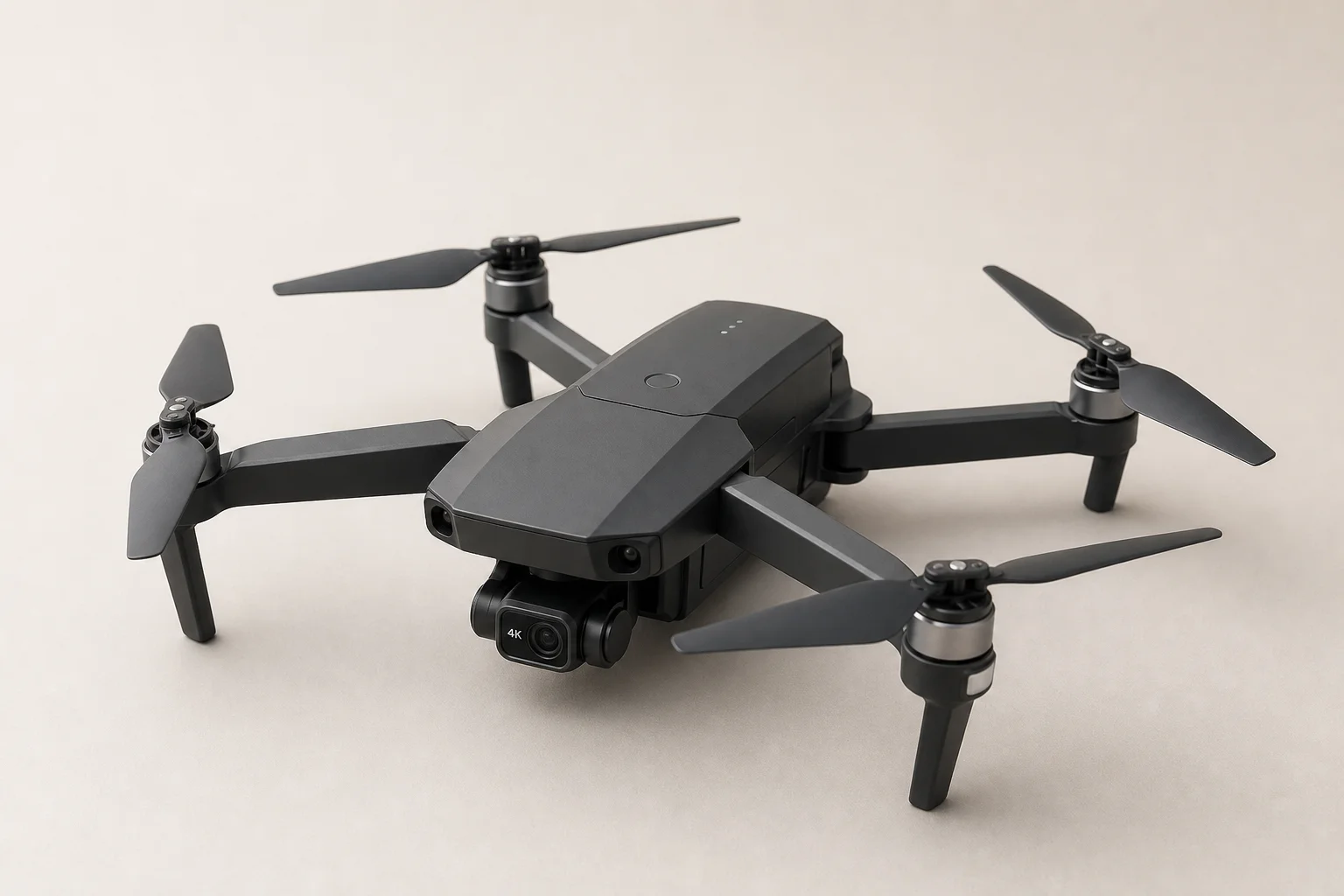 Five budget drones arranged on grey concrete surface