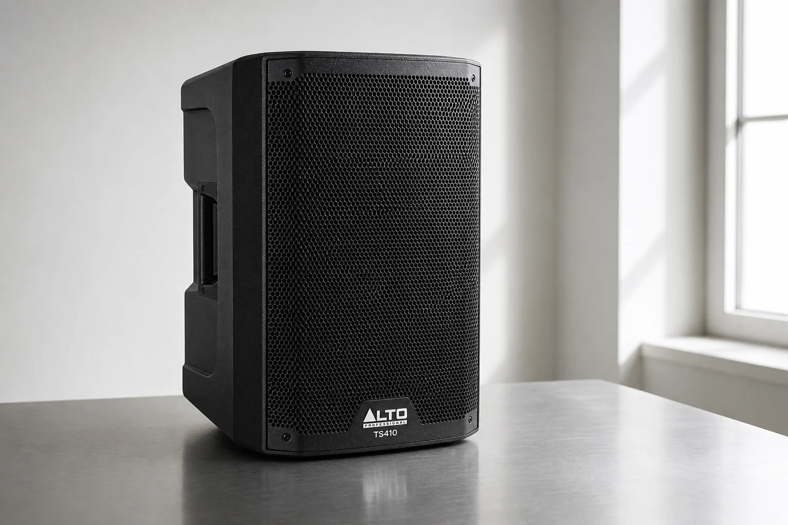 Four budget PA speakers lined up on concrete: Mackie Thrash 212, Alto TS410, JBL EON 610, Yamaha DBR10