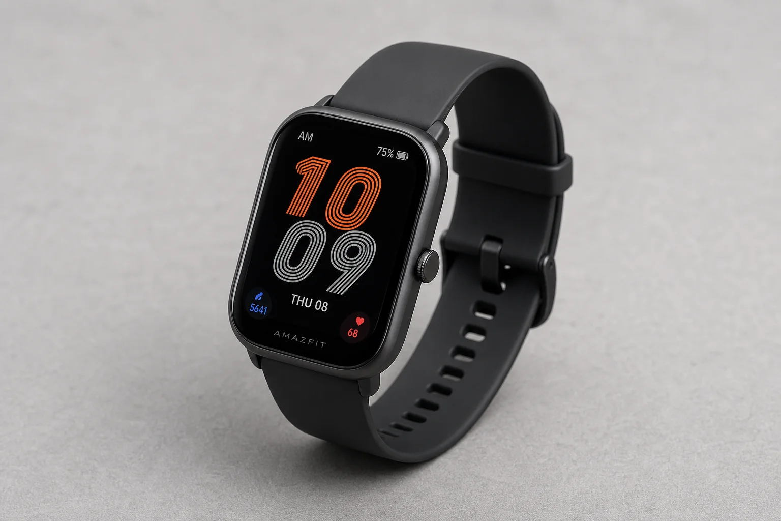 Five budget smartwatches arranged on concrete showing variety of designs and display types