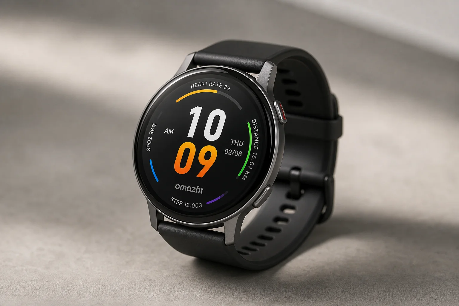 Five budget smartwatches arranged on concrete showing variety of designs and display types