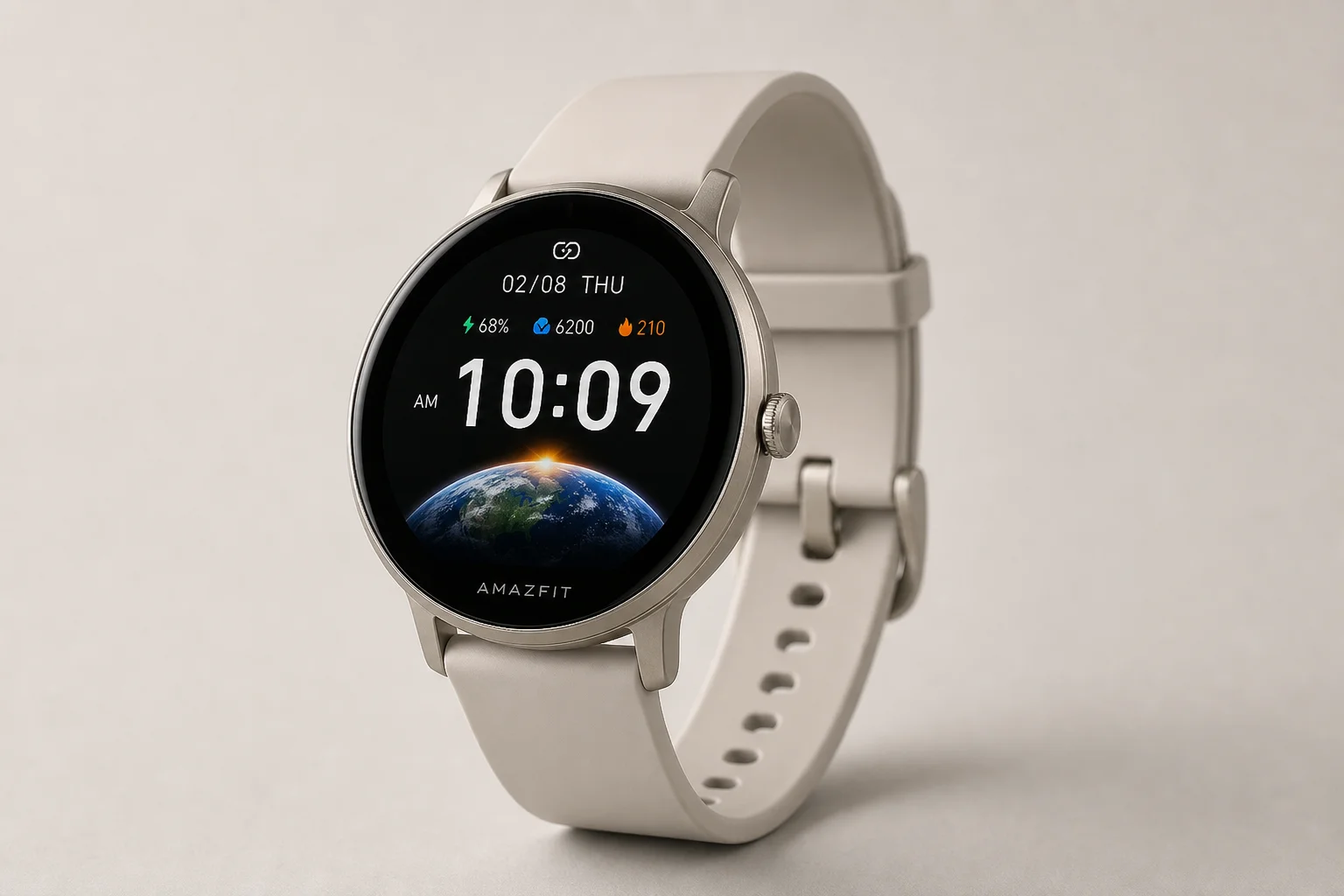 Five budget smartwatches arranged on concrete showing variety of designs and display types
