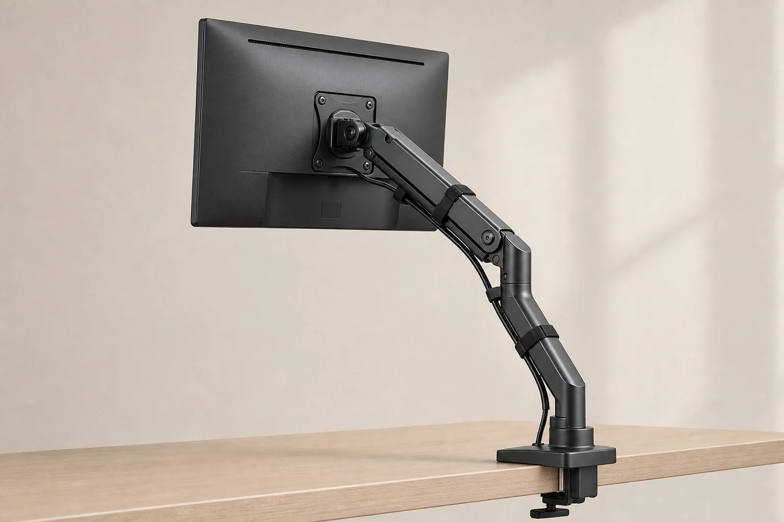 Three monitor arms from budget to premium displayed on concrete surface