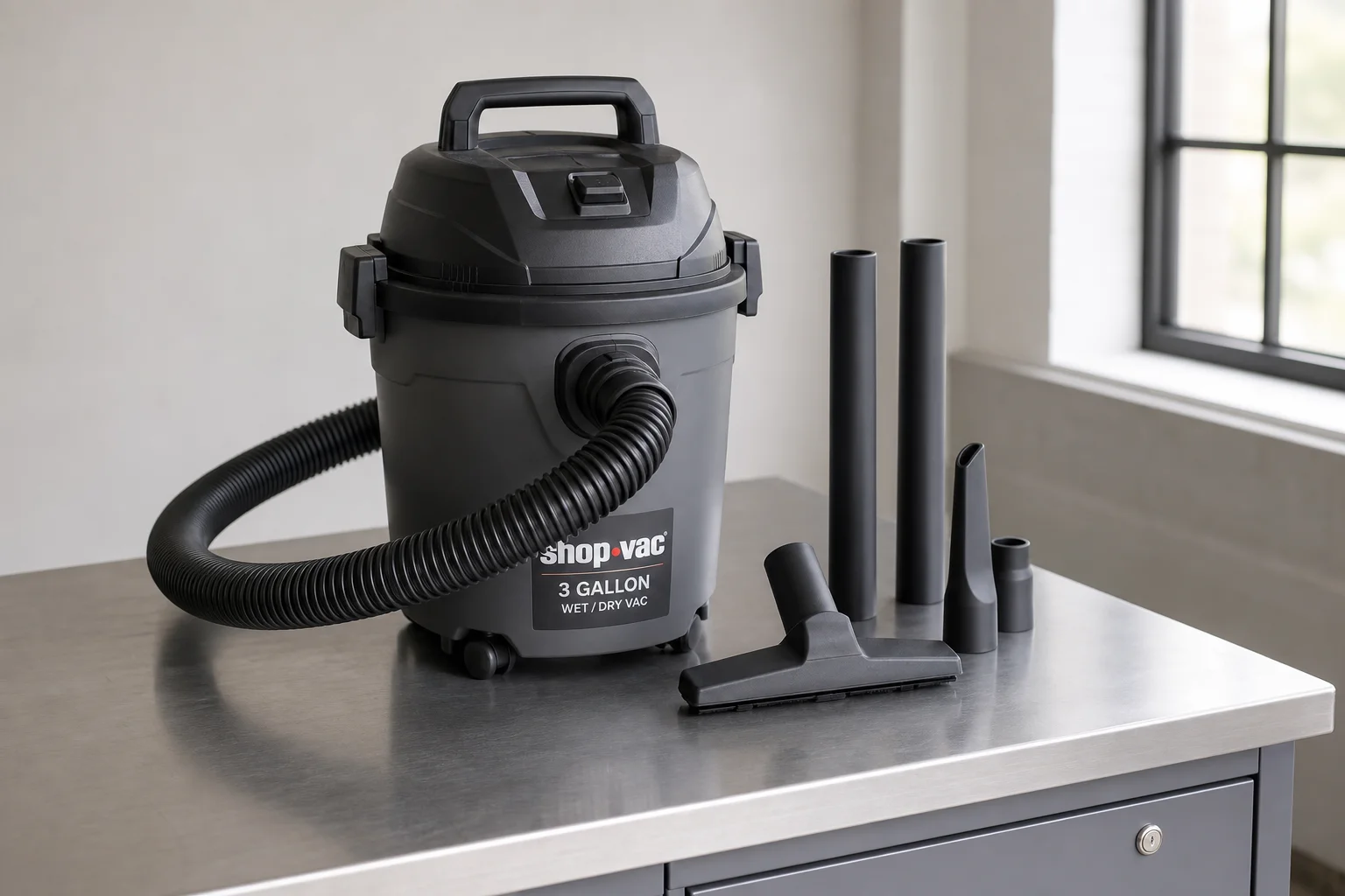 Eight wet/dry vacuums of varying sizes arranged on concrete surface