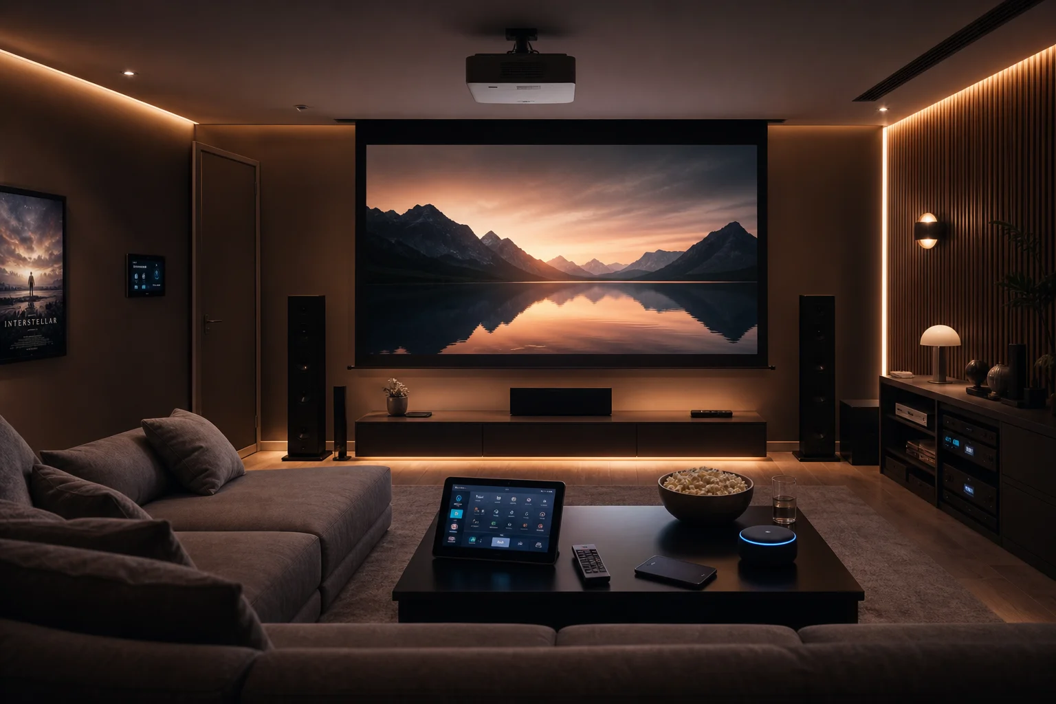 Home theater room with multiple smart devices and ambient lighting