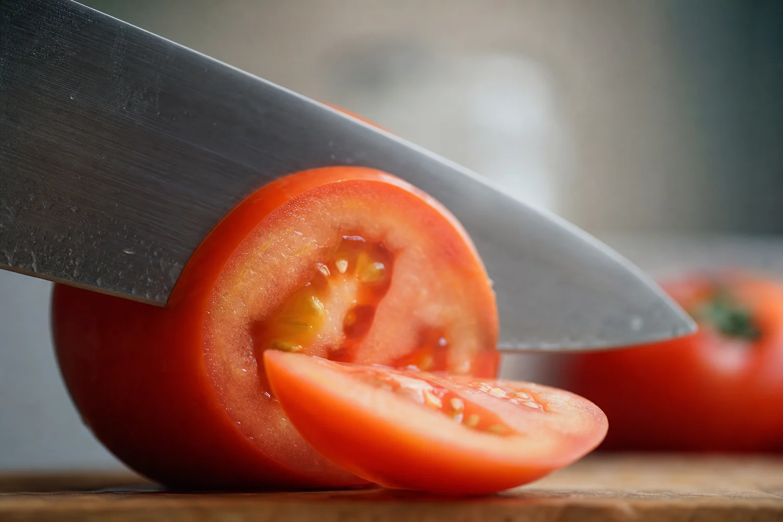 Close-up of a knife blade slicing through a ripe tomato with clean precision
