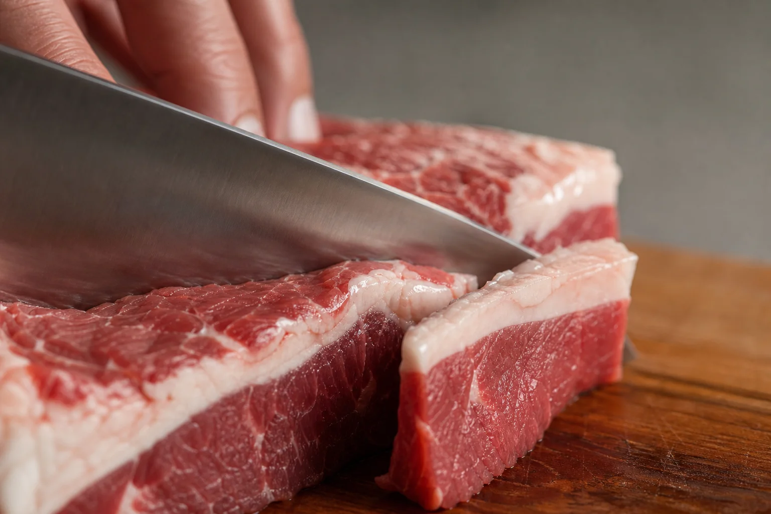 Knife blade slicing through raw steak showing clean cut through meat and fat