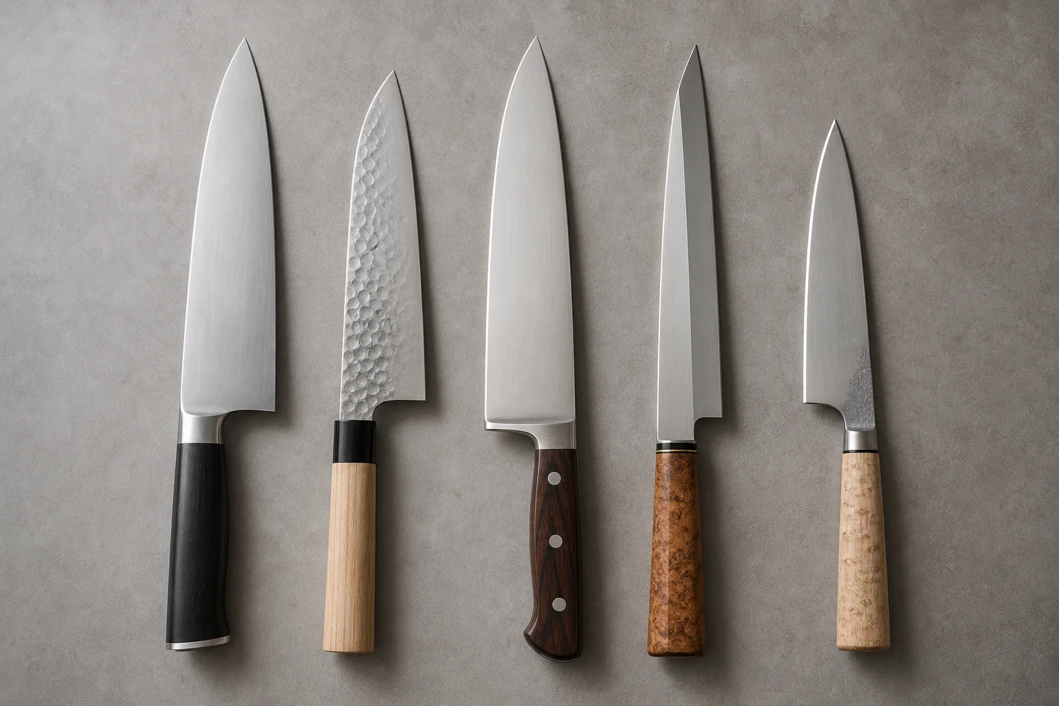 Five chef knives displayed side by side showing different handle designs and blade profiles