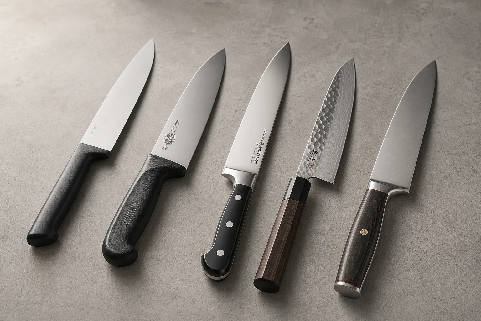 Five chef knives arranged in a row showing different handle styles and blade designs