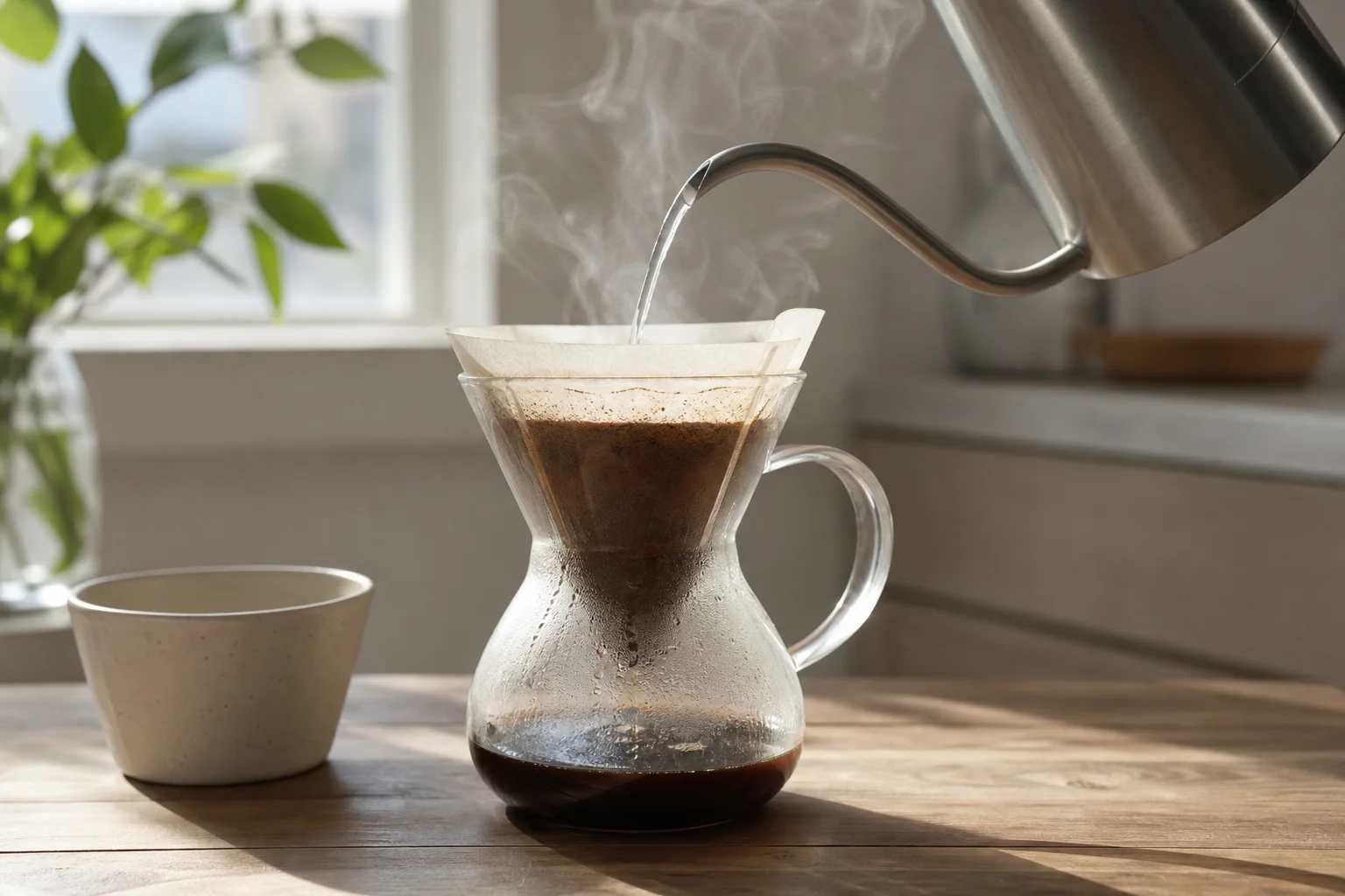 Pouring hot water into a coffee brewing vessel during manual brewing