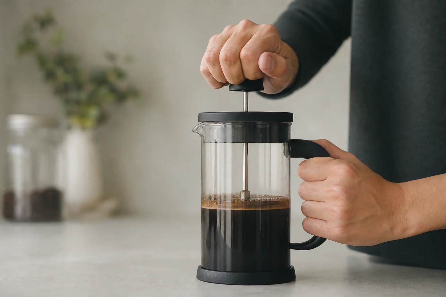 Hands pressing down the plunger of a manual coffee brewer slowly