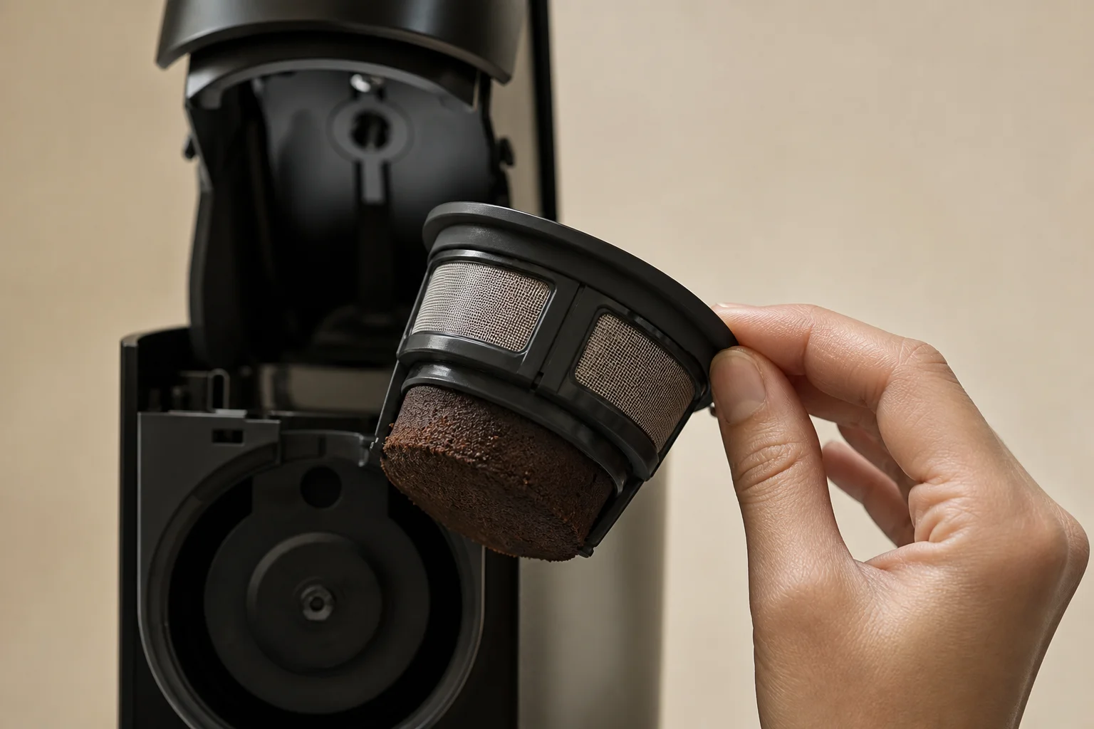 Removing and cleaning the detachable coffee pod from the brewer