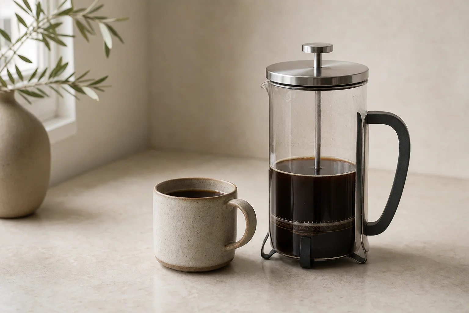 A finished cup of coffee next to the American Press brewer on a kitchen counter