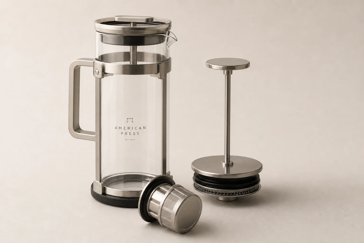 American Press manual coffee brewer with glass vessel and metal frame on neutral backdrop