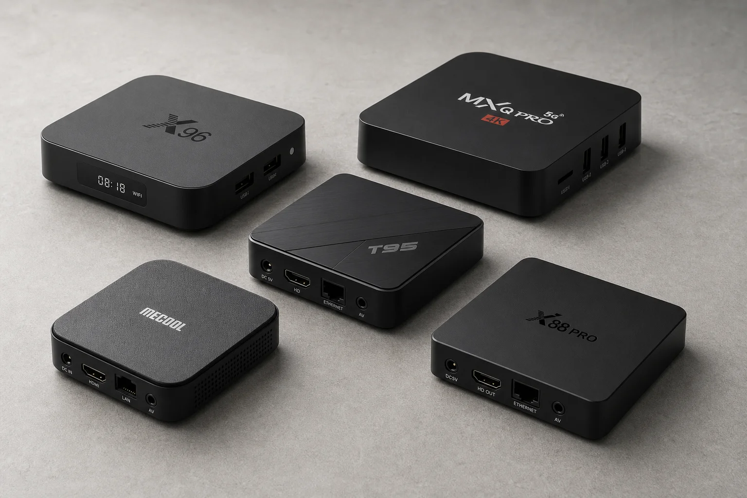 放置在灰色平面上的一系列黑色 Android TV 電視盒，展示了各種不同的外觀設計