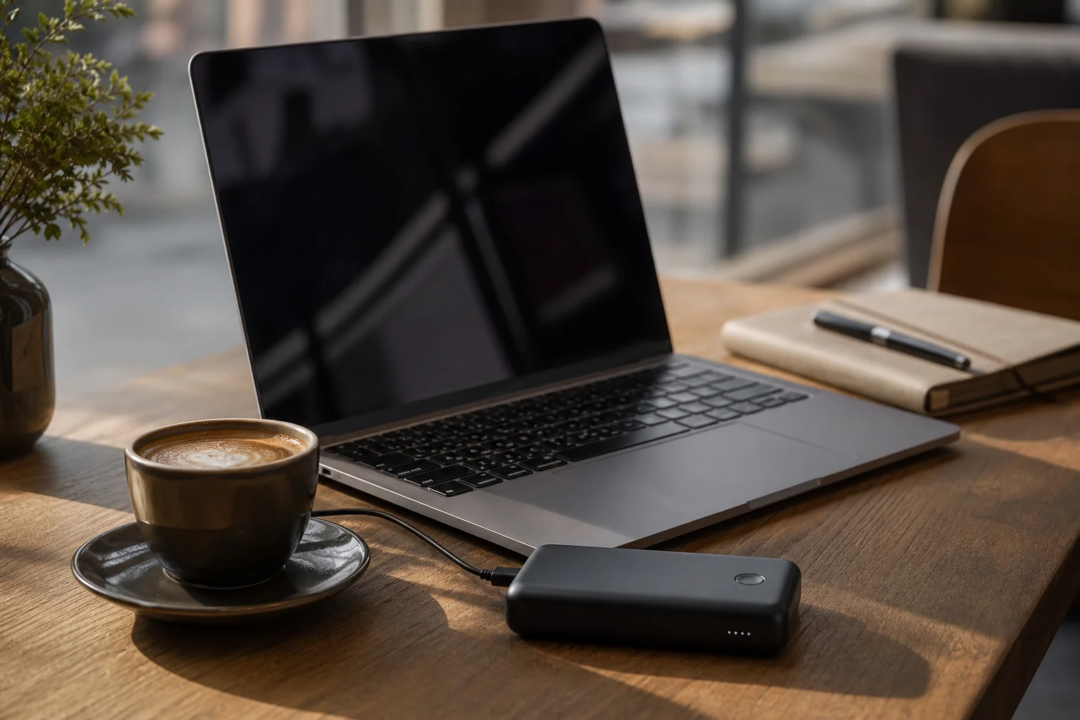 Professional working at a coffee shop table with laptop and power bank