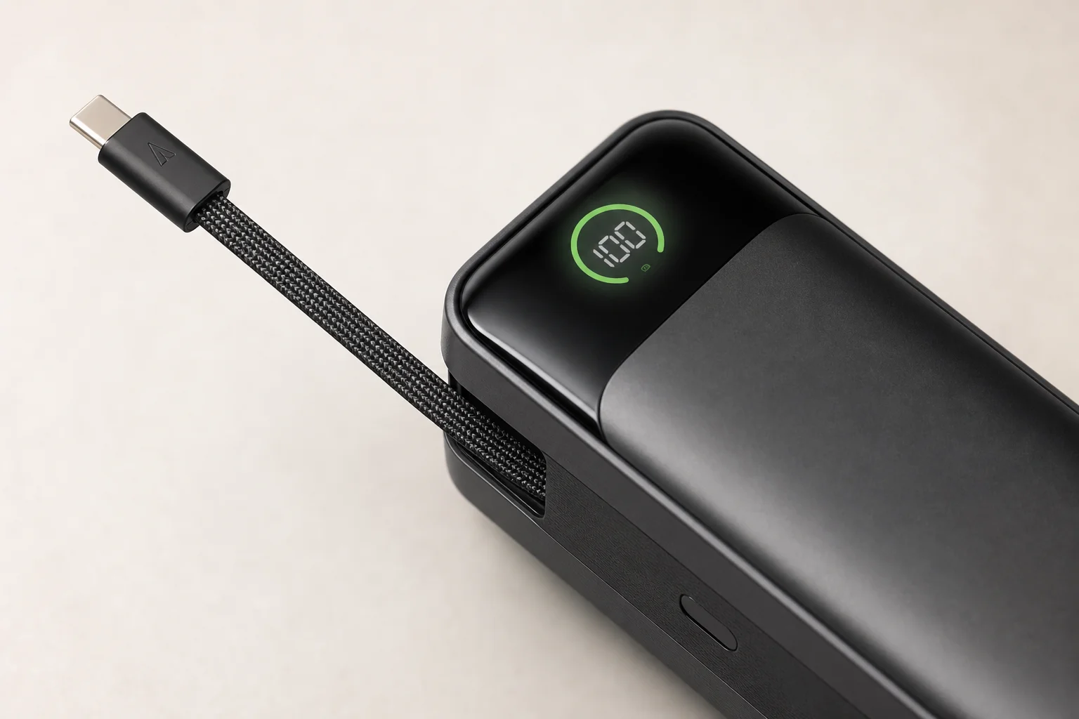 Close-up of Anker power bank's built-in cable and illuminated display screen