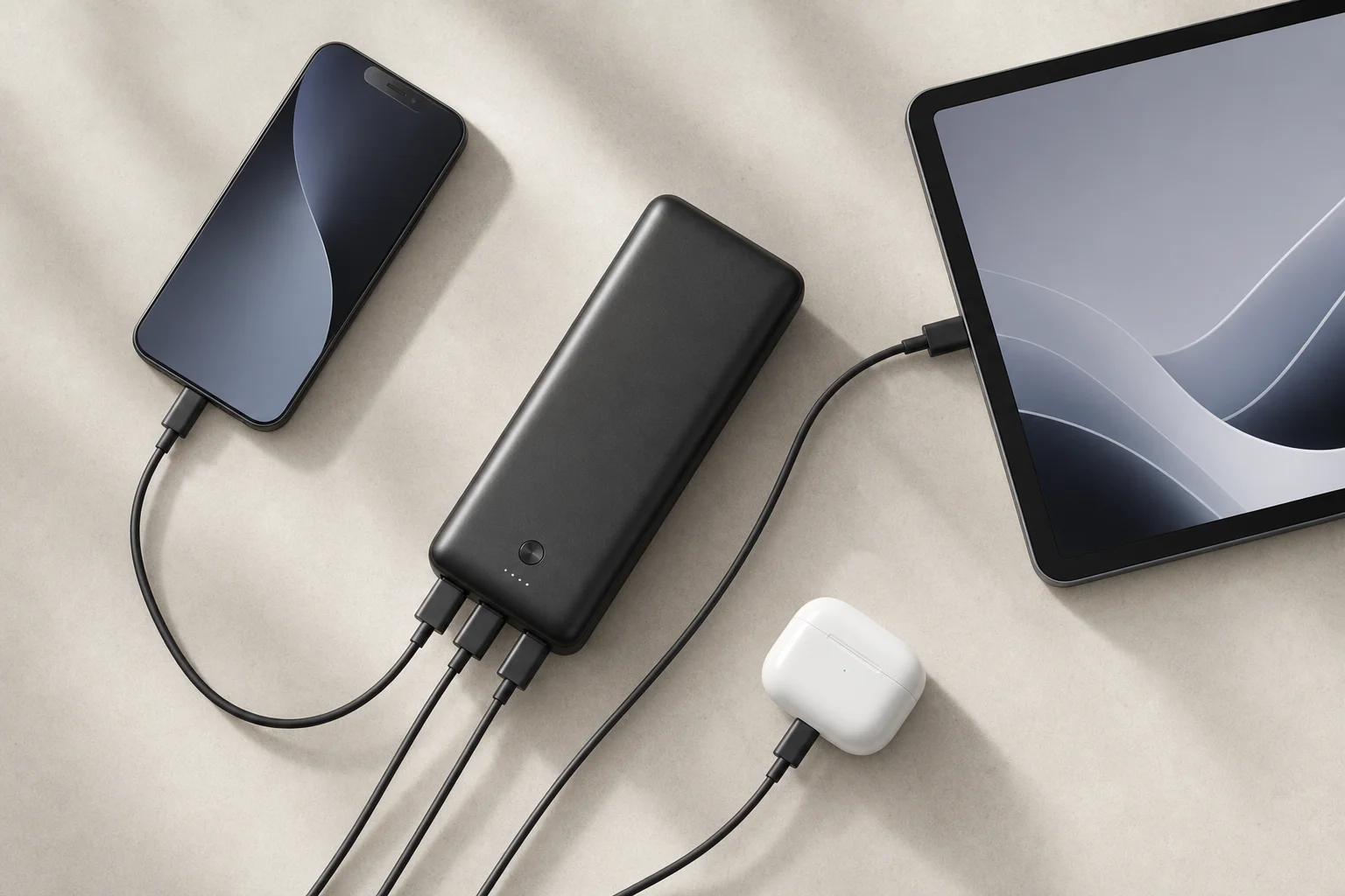 Anker power bank charging multiple devices simultaneously in flat-lay arrangement
