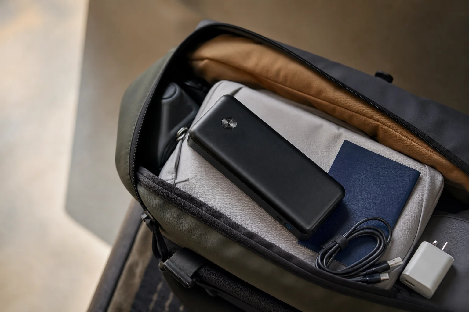 Anker power bank packed inside a travel backpack with other tech accessories