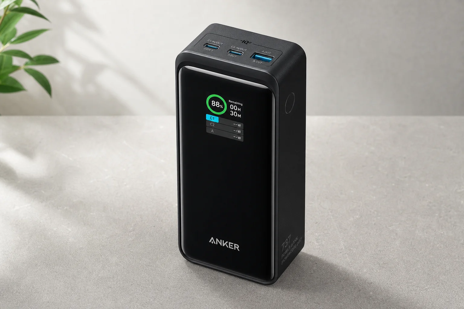 Six Anker power banks arranged on concrete surface showing size and design differences