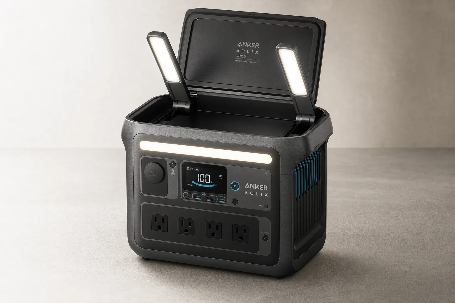 Collection of portable power stations from compact to large capacity models on concrete