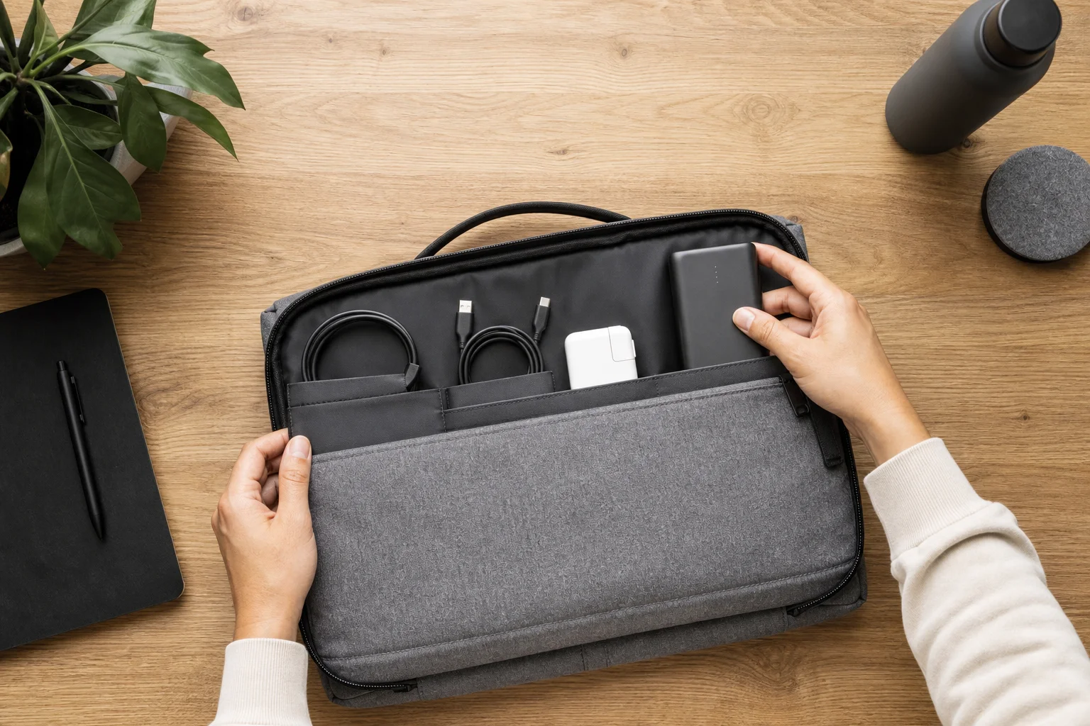 Traveler packing a laptop bag with charging cables and portable power bank