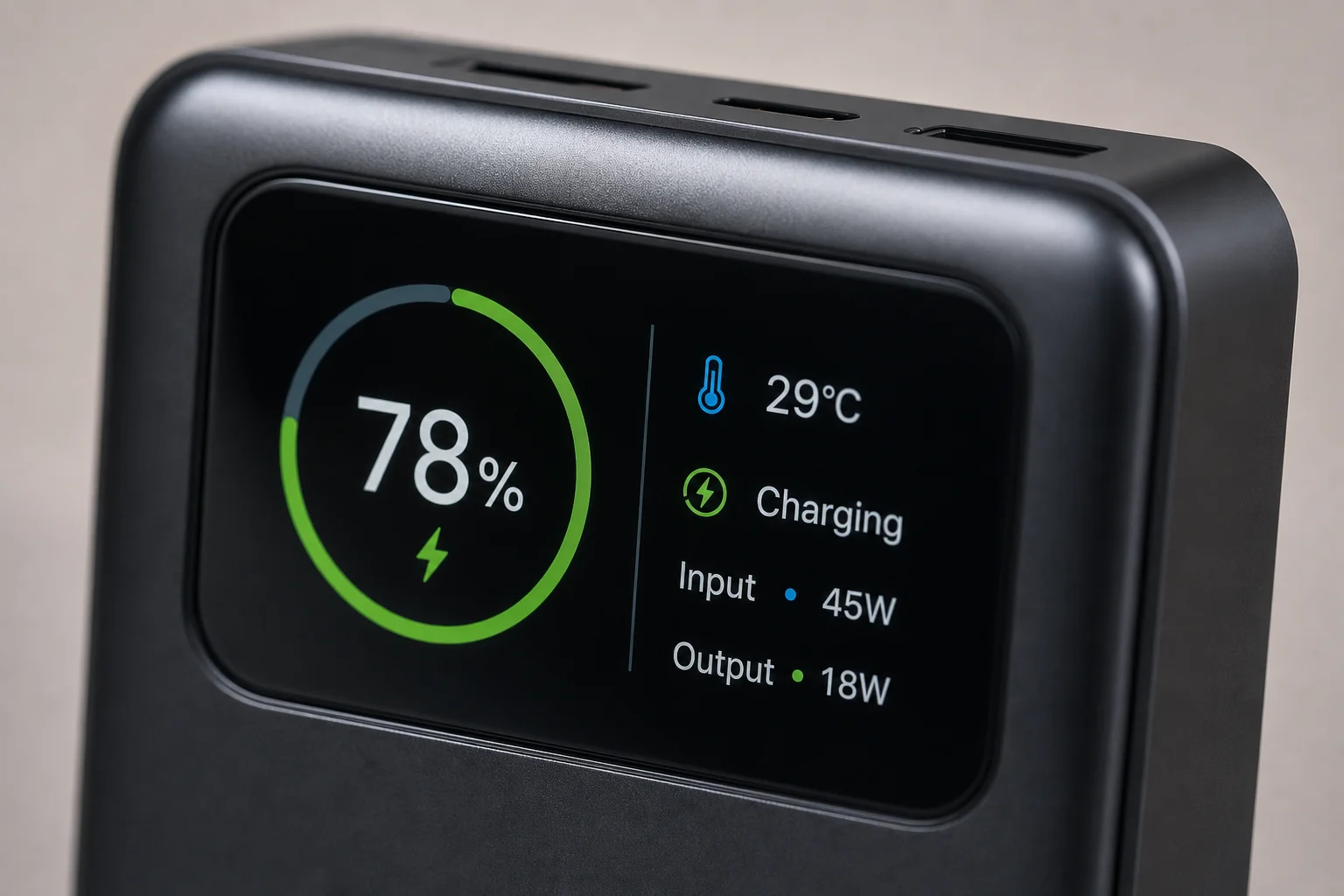 Close-up of power bank display screen showing battery percentage and charging information