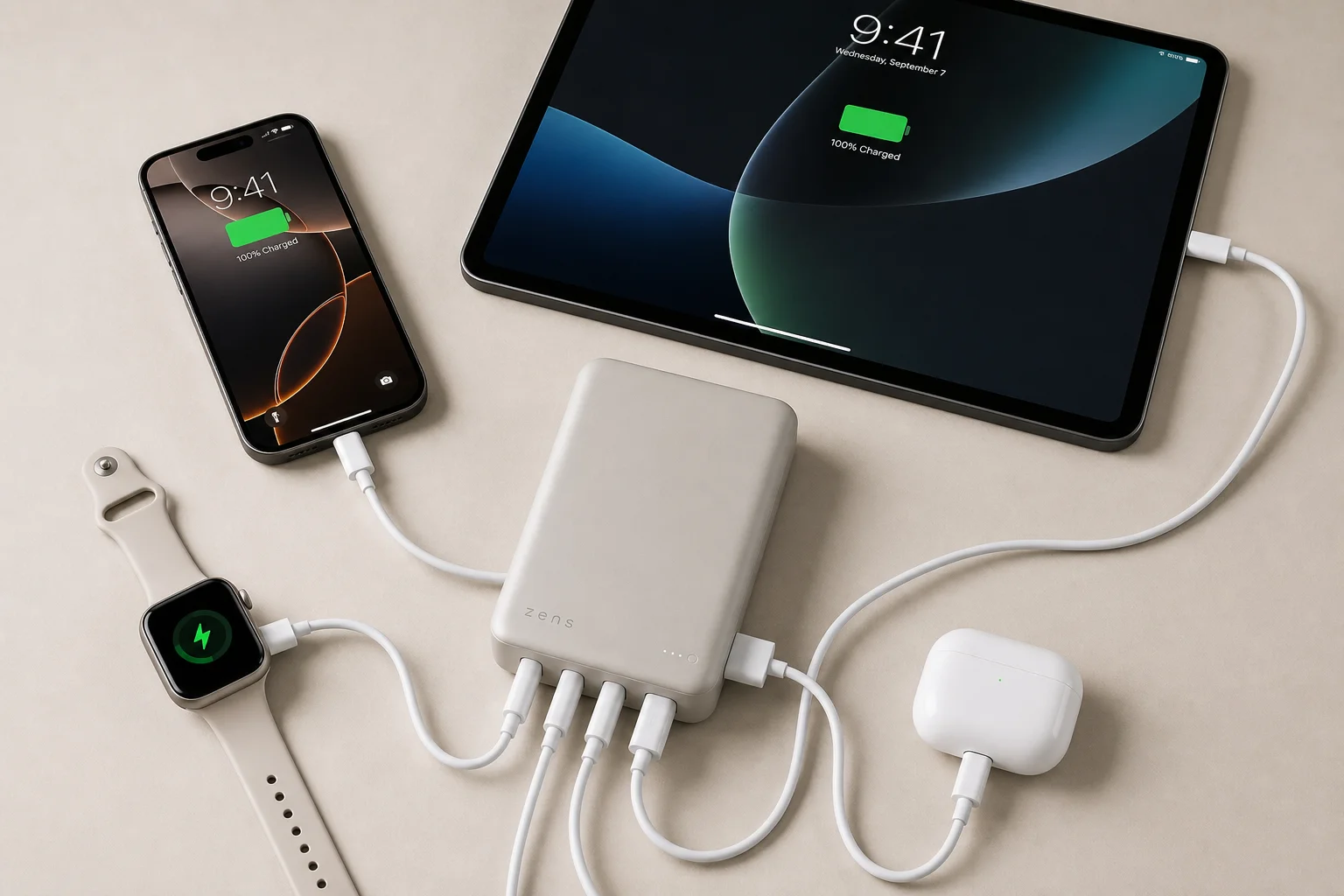 Multiple devices charging simultaneously from a power bank with visible cable connections