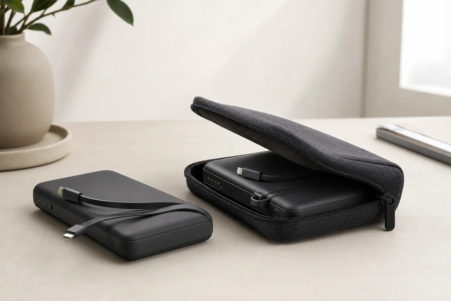 Anker power bank and matching carrying case on a travel-ready desk setup