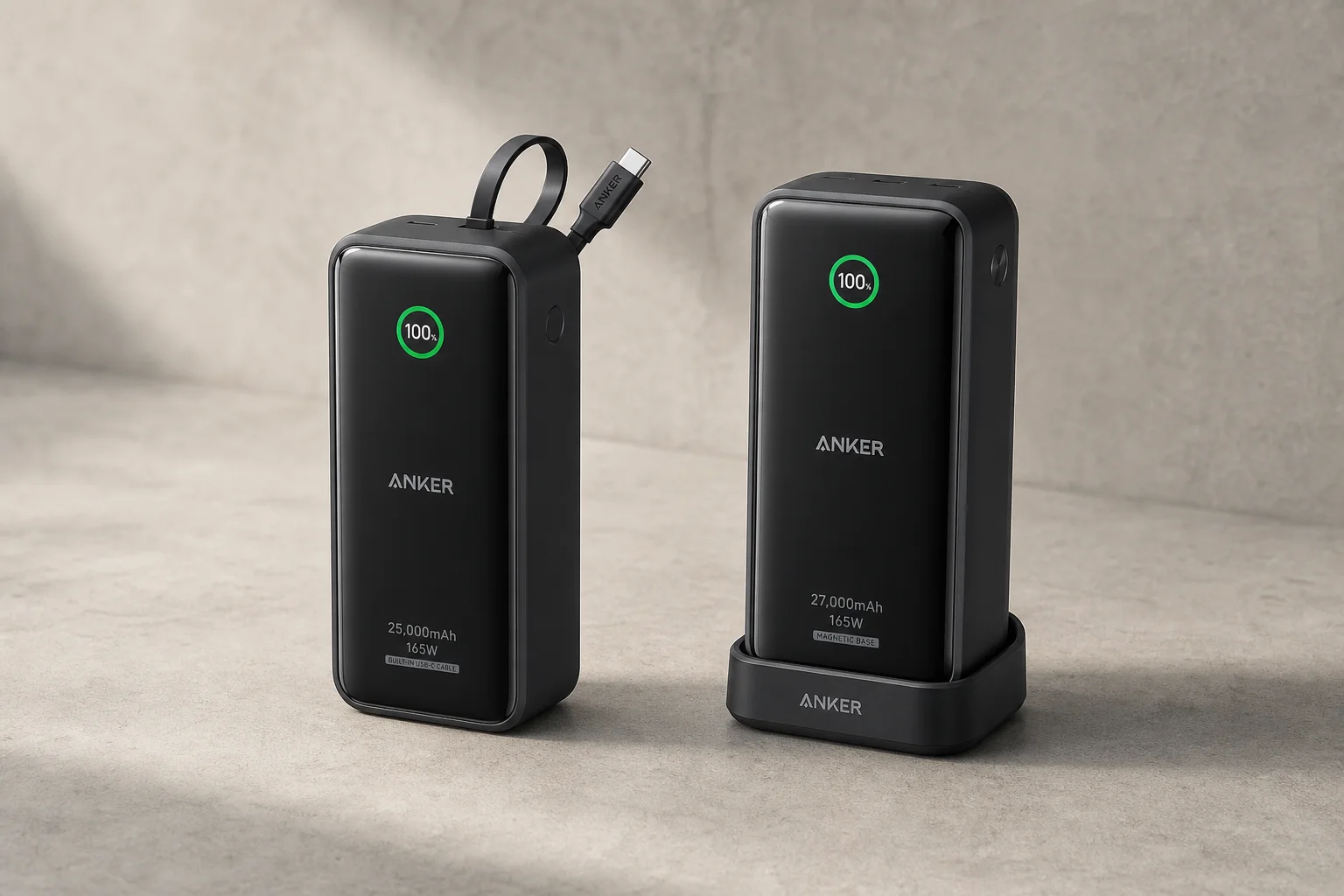 Anker 25,000mAh and 27,000mAh power banks side by side on concrete