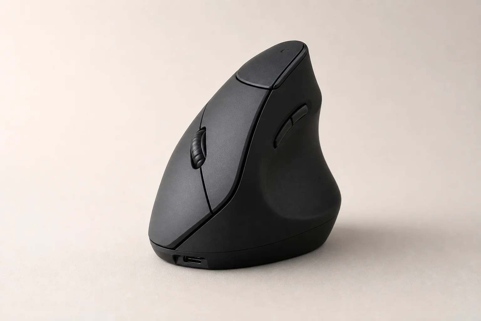 Five ergonomic mice in different styles arranged on a concrete surface