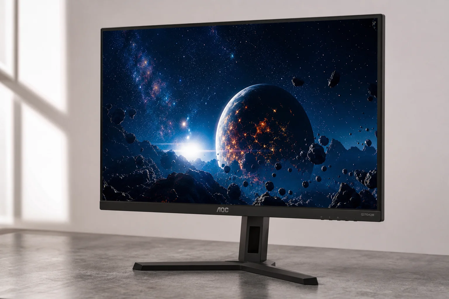 Eight computer monitors of varying sizes displayed on a concrete surface showing different content