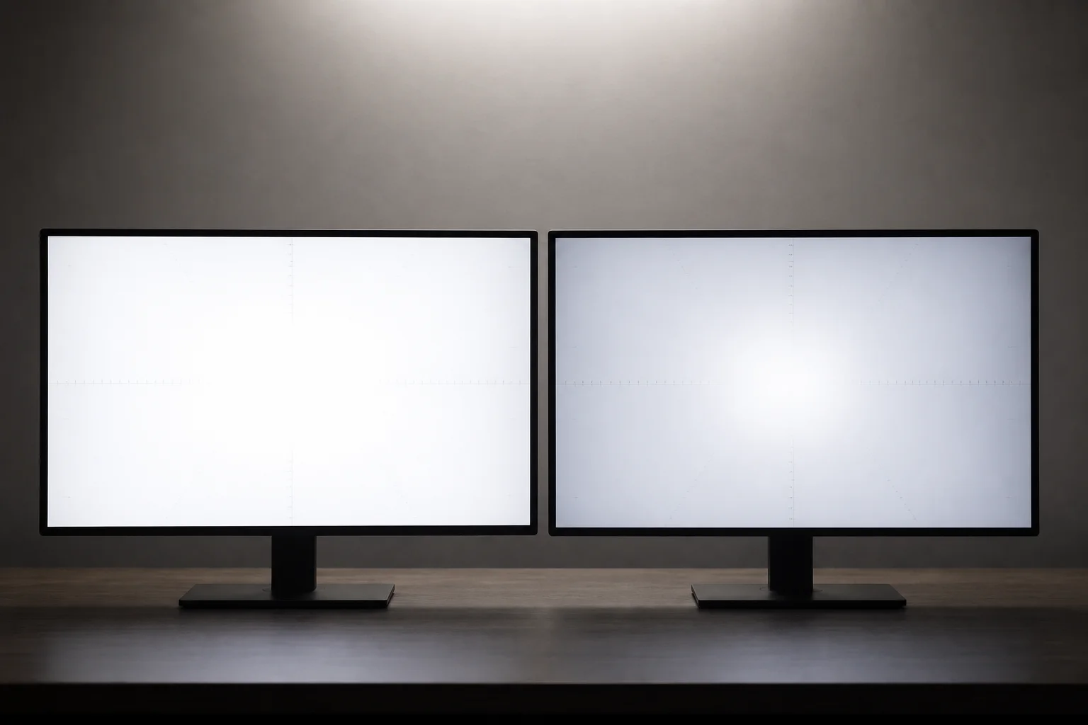 兩款 OLED 螢幕顯示白色測試圖案時的亮度並排比較