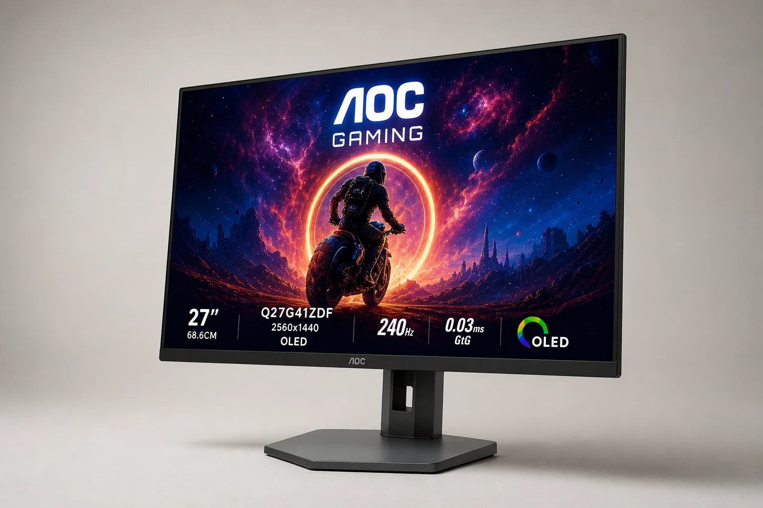AOC Q27G41ZDF 與 Asus ROG Swift OLED 電競螢幕並排擺放在水泥表面上