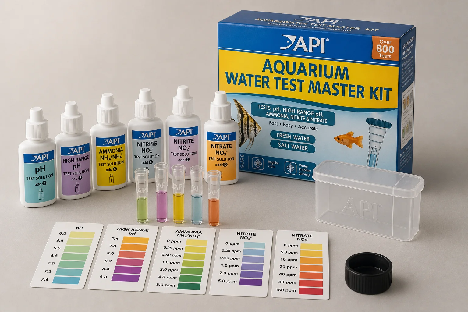 Collection of water test kits including strips, digital photometer, and test tubes on grey surface