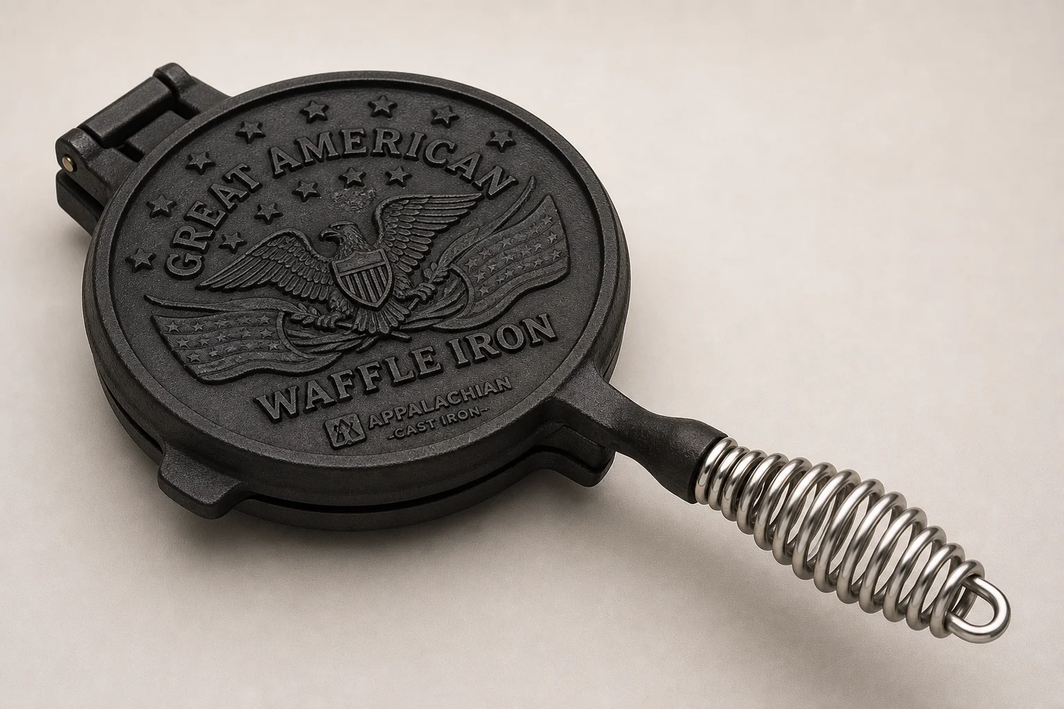 Five non-toxic waffle makers arranged on concrete surface