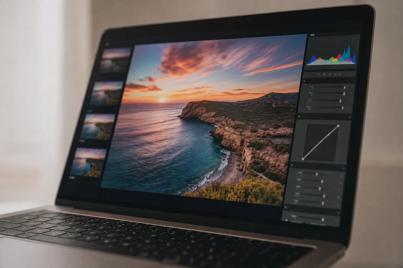 Laptop display showing photo editing application with vibrant imagery