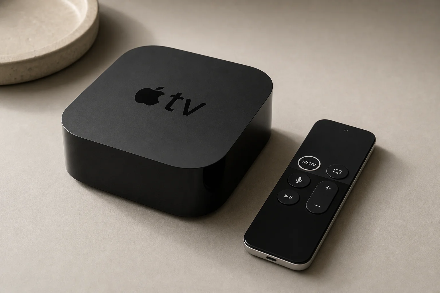 Apple TV device with remote control on neutral surface