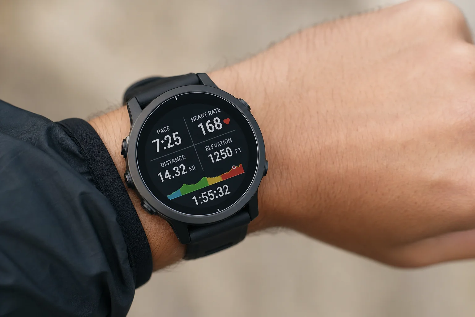 Close-up of a sports watch display showing training metrics and data fields