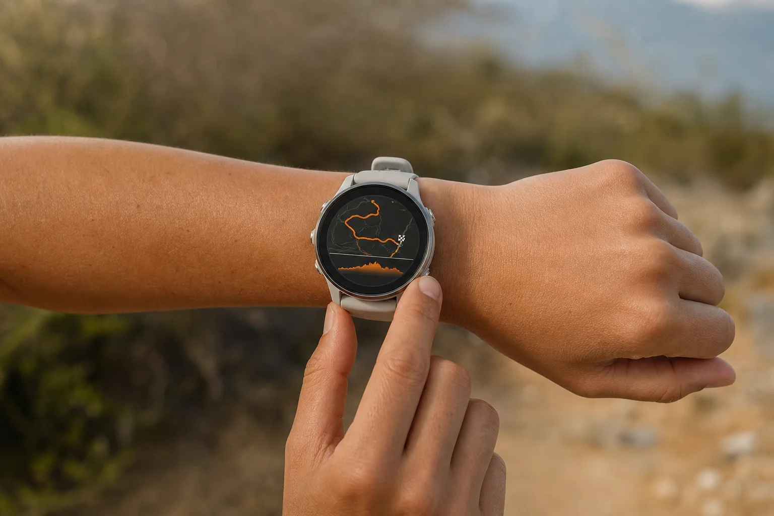 Athlete checking a sports watch GPS route map after completing a run