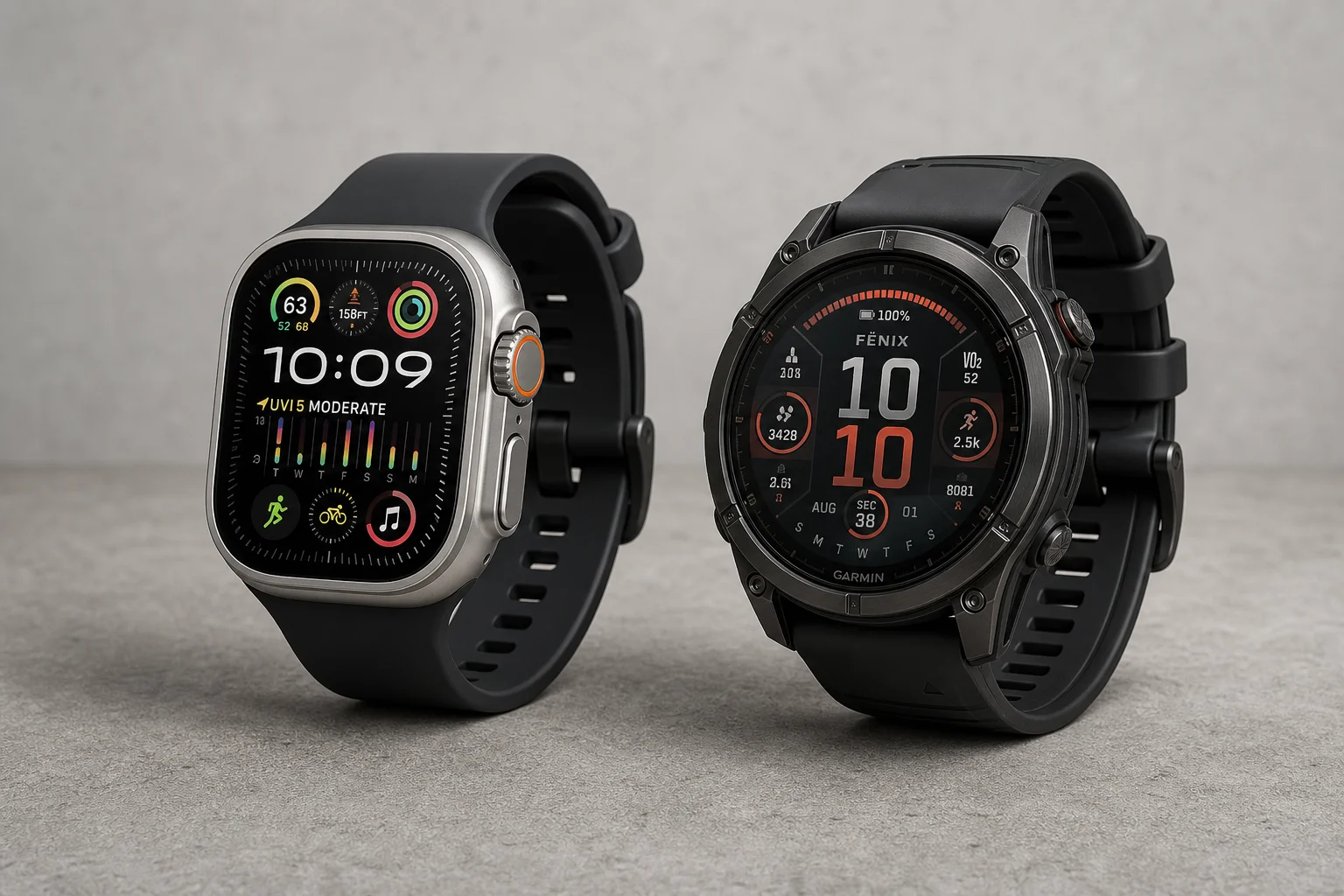 Apple Watch Ultra 3 and Garmin multisport watch side by side on concrete