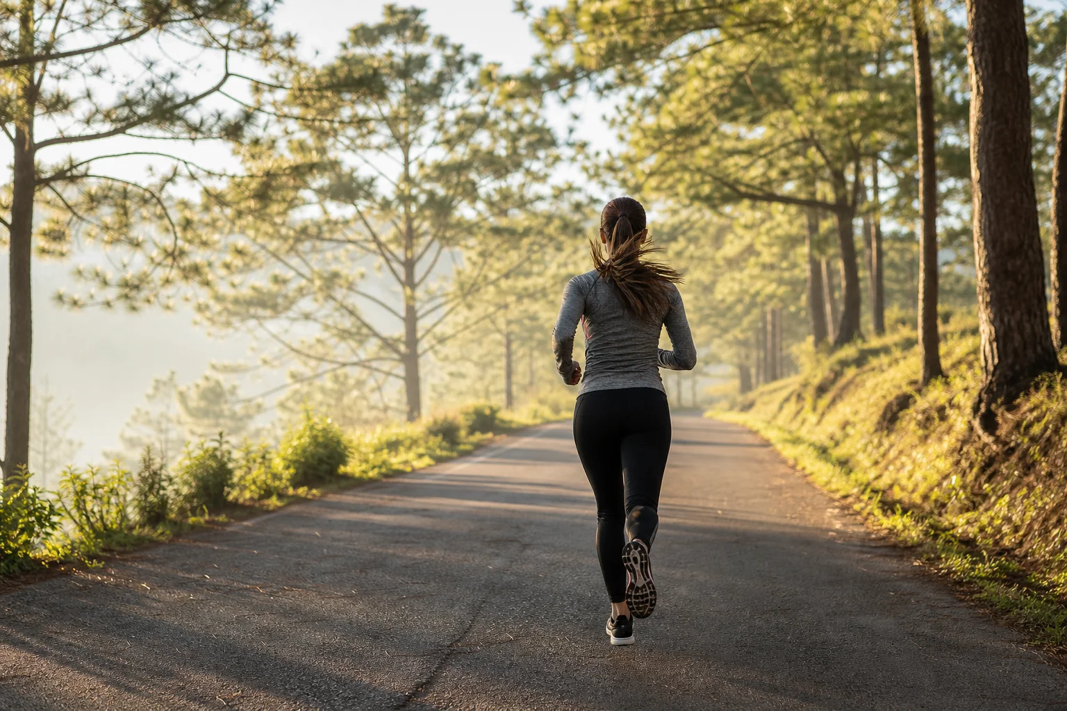 Runner in motion on a paved path with trees in soft morning light